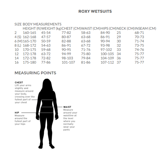 Quiksilver and Roxy Wetsuit Size Charts Coastal Sports
