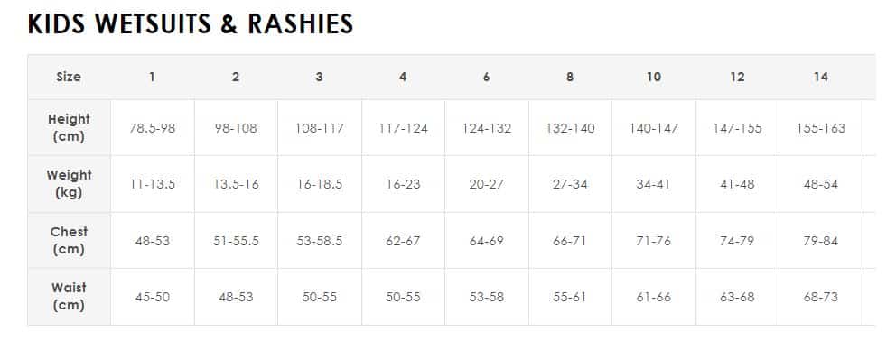 size chart ONeill Kids